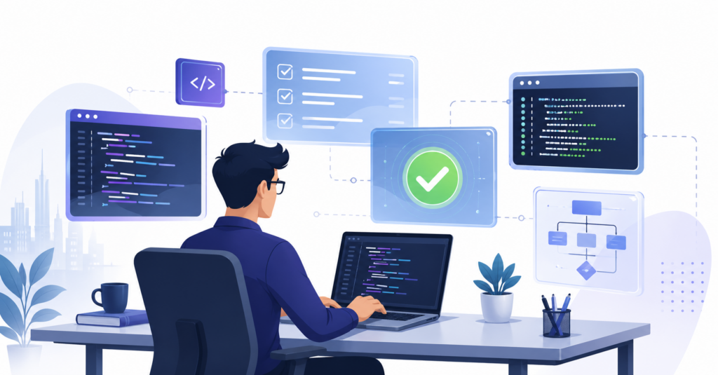 Developer using Claude Code with floating screens showing code, checklists, and verification - Claude Code best practices