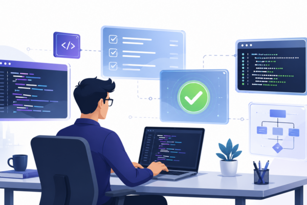 Developer using Claude Code with floating screens showing code, checklists, and verification - Claude Code best practices