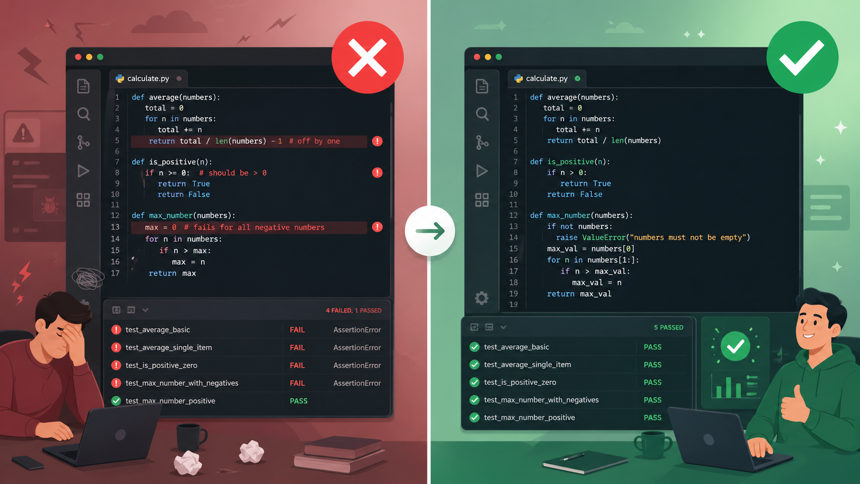 Before and after comparison showing buggy code with failing tests transformed to clean code with all tests passing - Claude Code verification best practice