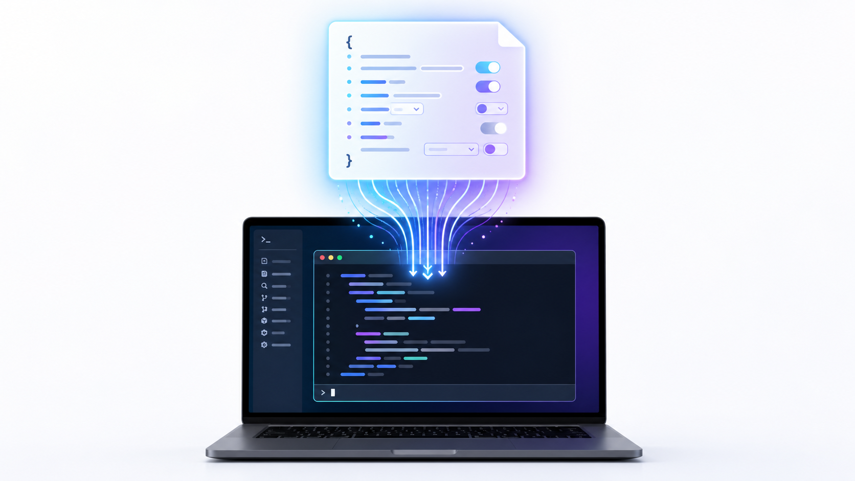 CLAUDE.md configuration file flowing into a code editor terminal - setting up Claude Code environment