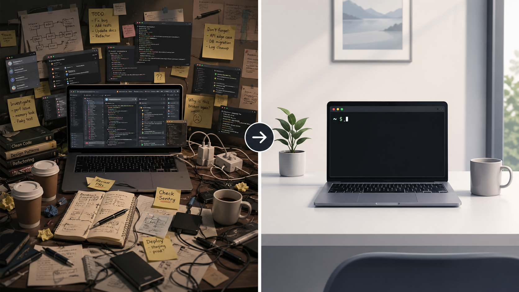 Cluttered developer desk transforming to a clean minimal workspace with fresh terminal - managing Claude Code context