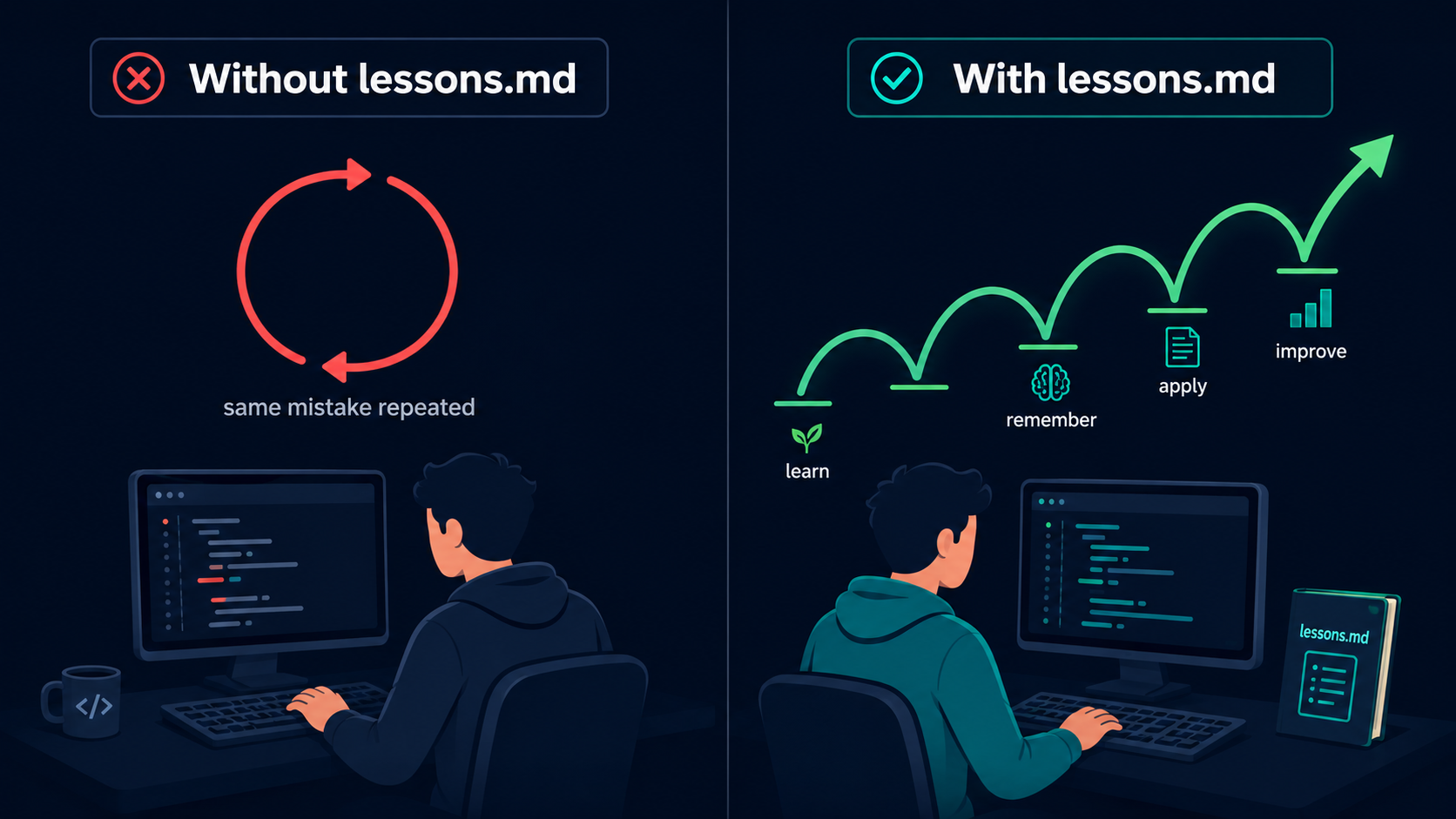 Side-by-side comparison: without lessons.md the developer repeats the same mistakes in a loop; with lessons.md each session builds on the last, compounding upward